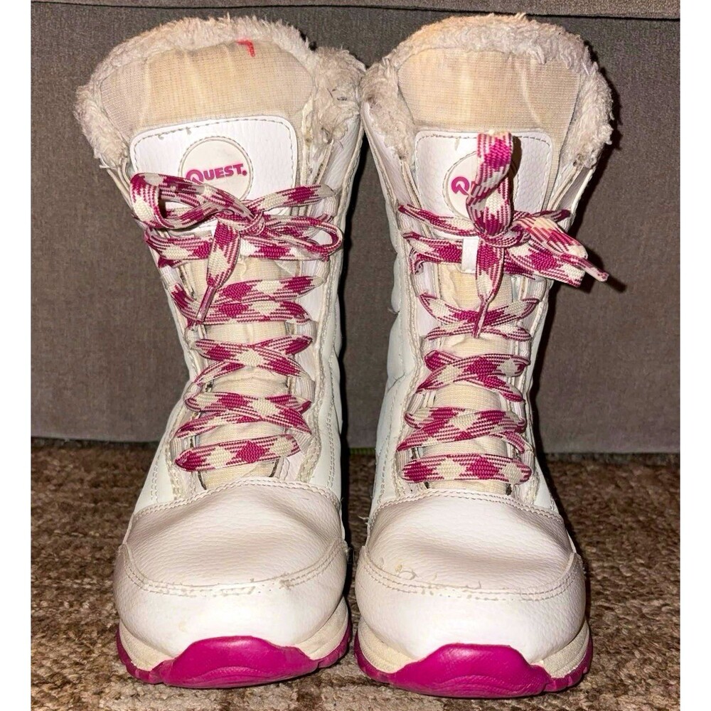 Quest Girls Glacier White/Pink Faux Fur Trim Lace-Up Mid Top Boots Sz 4